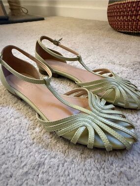 Corello W Sage Green Leather T-Strap Flats Brazilian Shoes 7.5